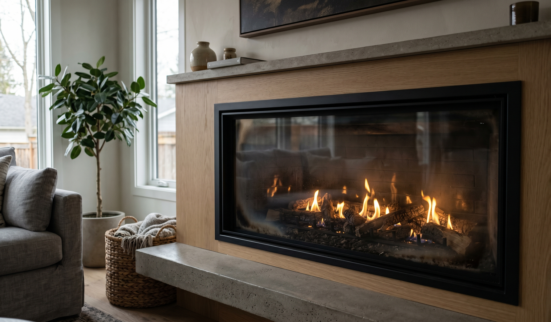 Modern living room with a stone fireplace, lit fire, gray sofa, and potted plant by the window