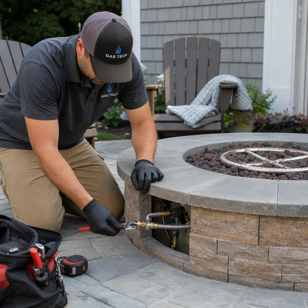 Licensed gas line conttractor repairing outdoor stone fire pit with a wrench on a patio