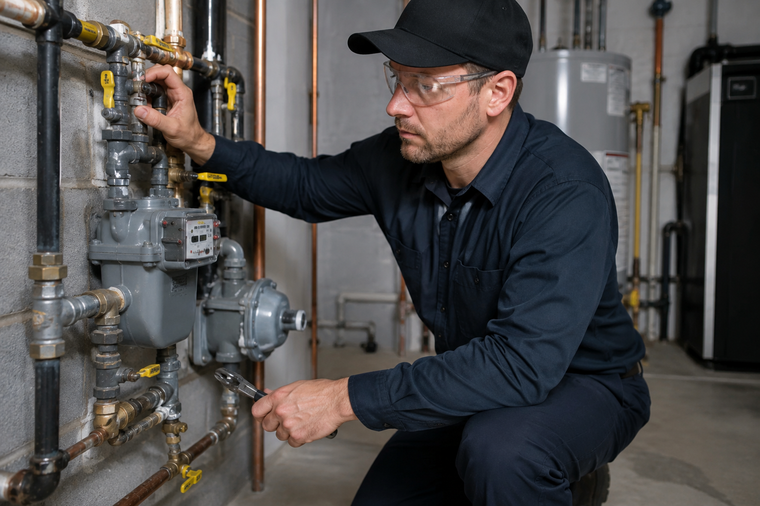 Master Gasfitter inspecting industrial gas pipes and valves in a utility room, wearing black cap and safety glasses.