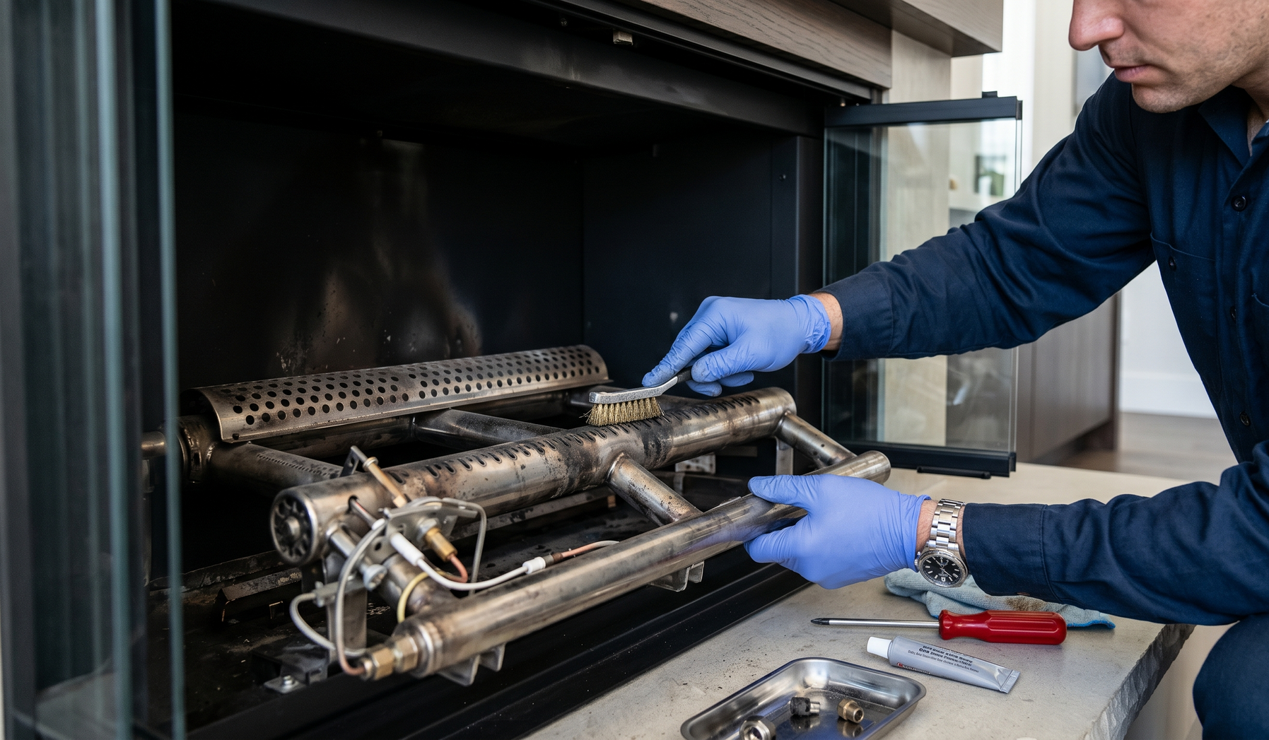 Technician in blue gloves repairing a metal machine in a workshop or lab