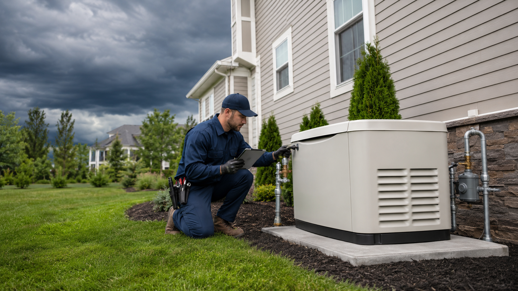 Technician kneeling beside a house’s outdoor generator, checking connections on a cloudy day