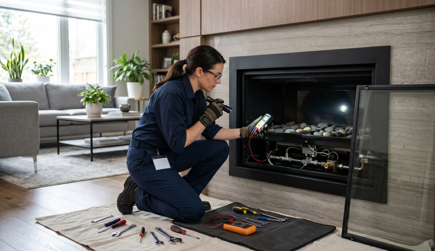 Technician kneeling at an electric fireplace, inspecting controls with tools on the floor in a living room