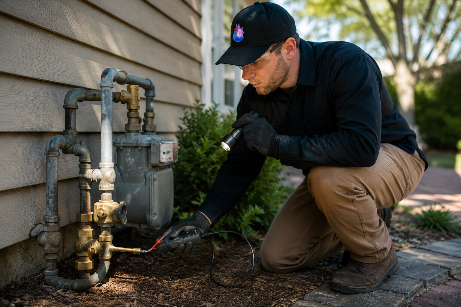 Technician inspecting a gas meter and pipes beside a house, kneeling with a flashlight in a garden bed