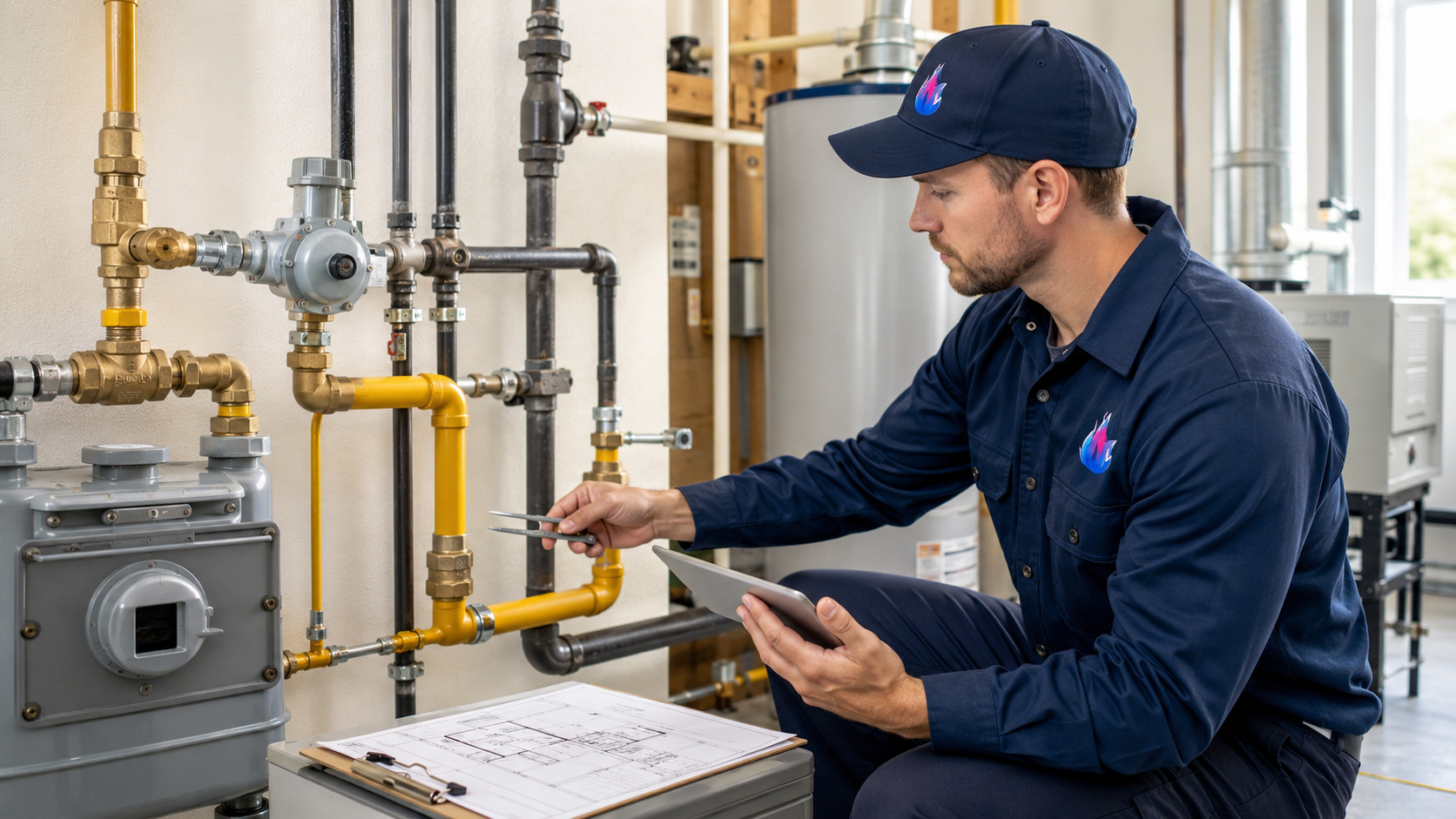 Master Gasfitter inspecting gas pipes and valves in an industrial utility room with a tablet