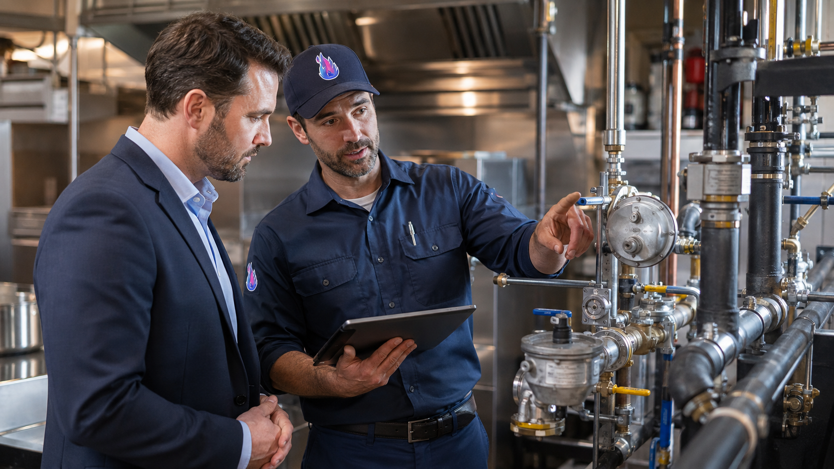 Master Gasfitter and client are in a commercial kitchen inspecting stainless-steel piping and machinery, one holding a tablet.