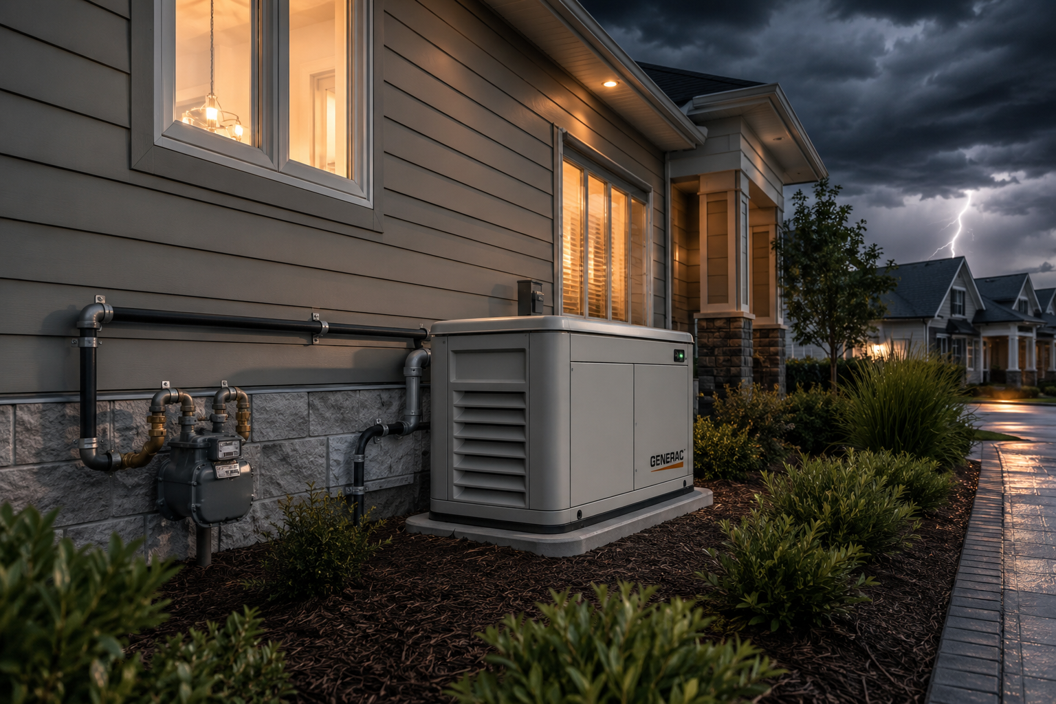 House exterior with a gray generator unit beside the wall at dusk under stormy clouds