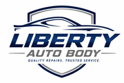 Liberty Auto Body logo in blue and gray with car outline and “Quality repairs. Trusted service.”
