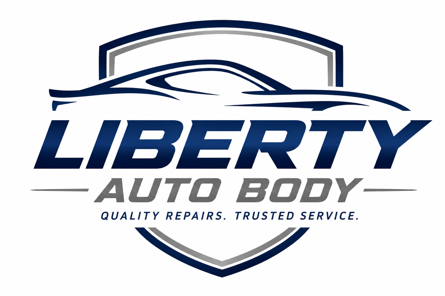 Liberty Auto Body logo in blue and gray with car outline and “Quality repairs. Trusted service.”