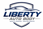 Liberty Auto Body logo in blue and gray with car outline and &ldquo;Quality repairs. Trusted service.&rdquo;