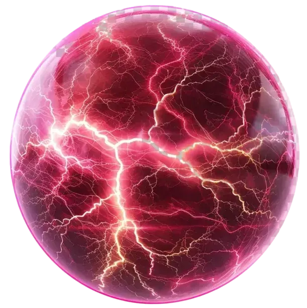 A glowing, translucent sphere with a network of pink and white lightning-like patterns.