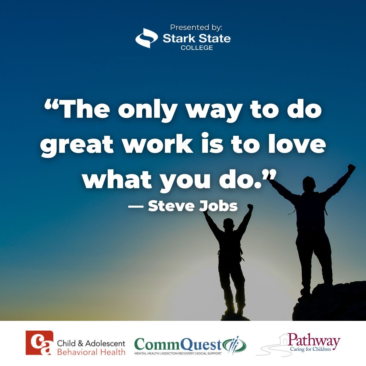 Silhouette of two people on a mountain peak. Quote reads, 