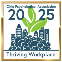 Logo for Ohio Psychological Association 2025: green leaves growing from a brain and city, 
