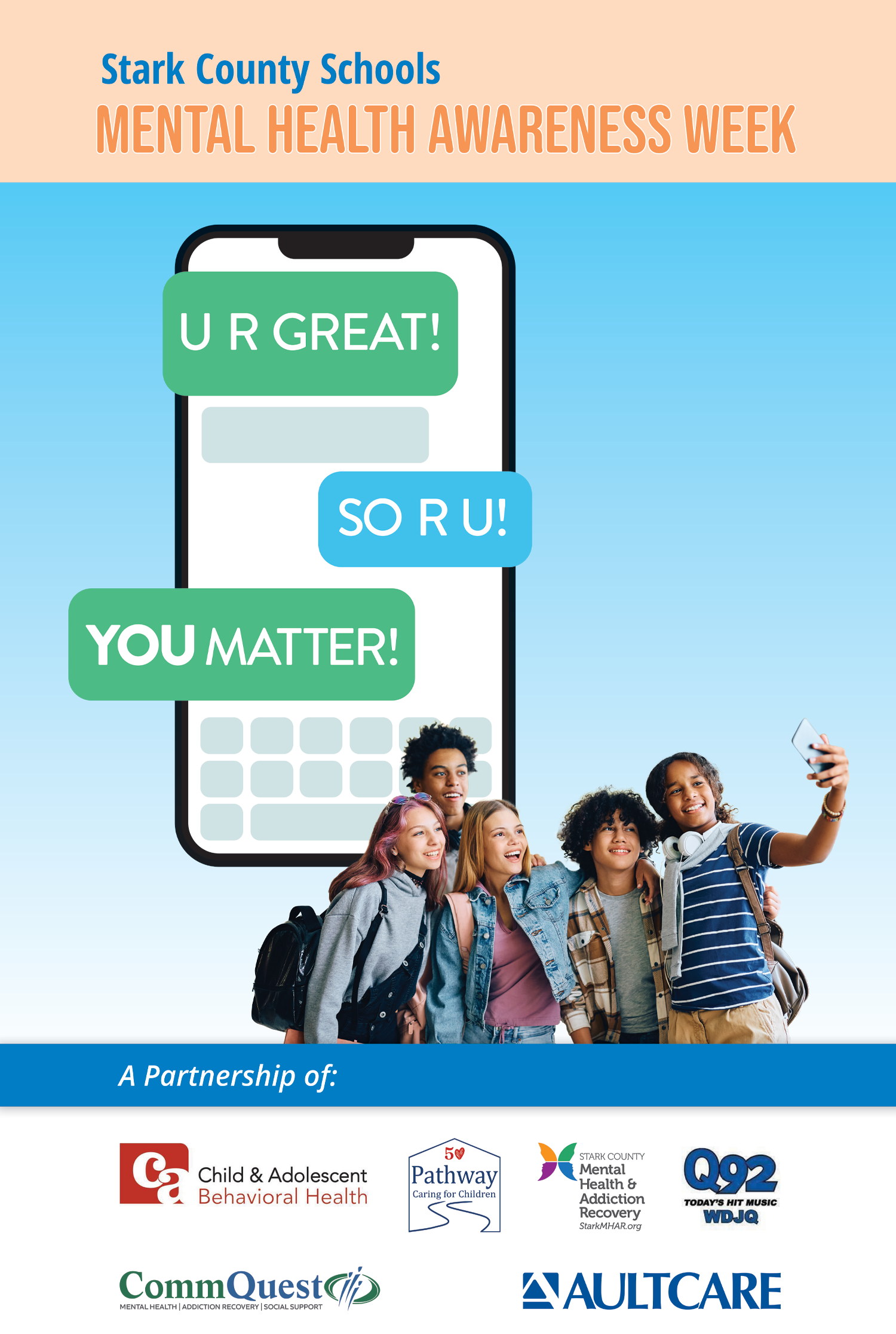 Poster promoting Mental Health Awareness Week. A group of diverse students take a selfie in front of a phone graphic with supportive texts.