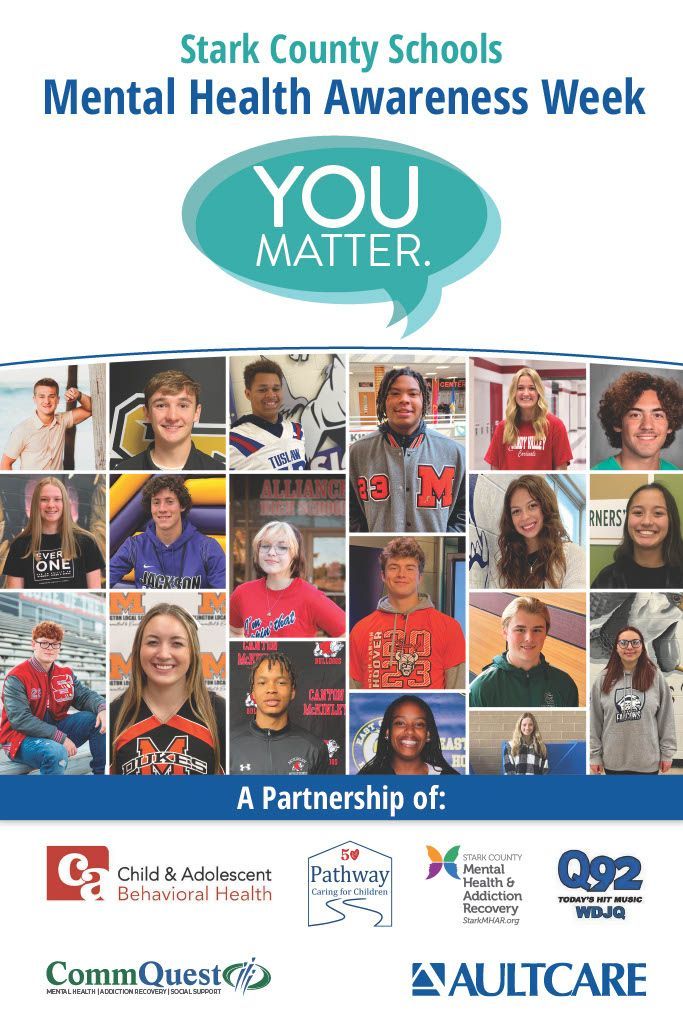 Poster: Stark County Schools Mental Health Awareness Week with student photos and partners' logos, emphasizing