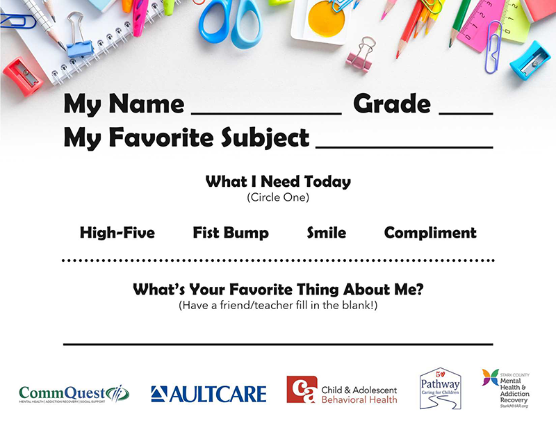 A school worksheet with spaces for name, grade, favorite subject, and self-care requests (high-five, etc.).
