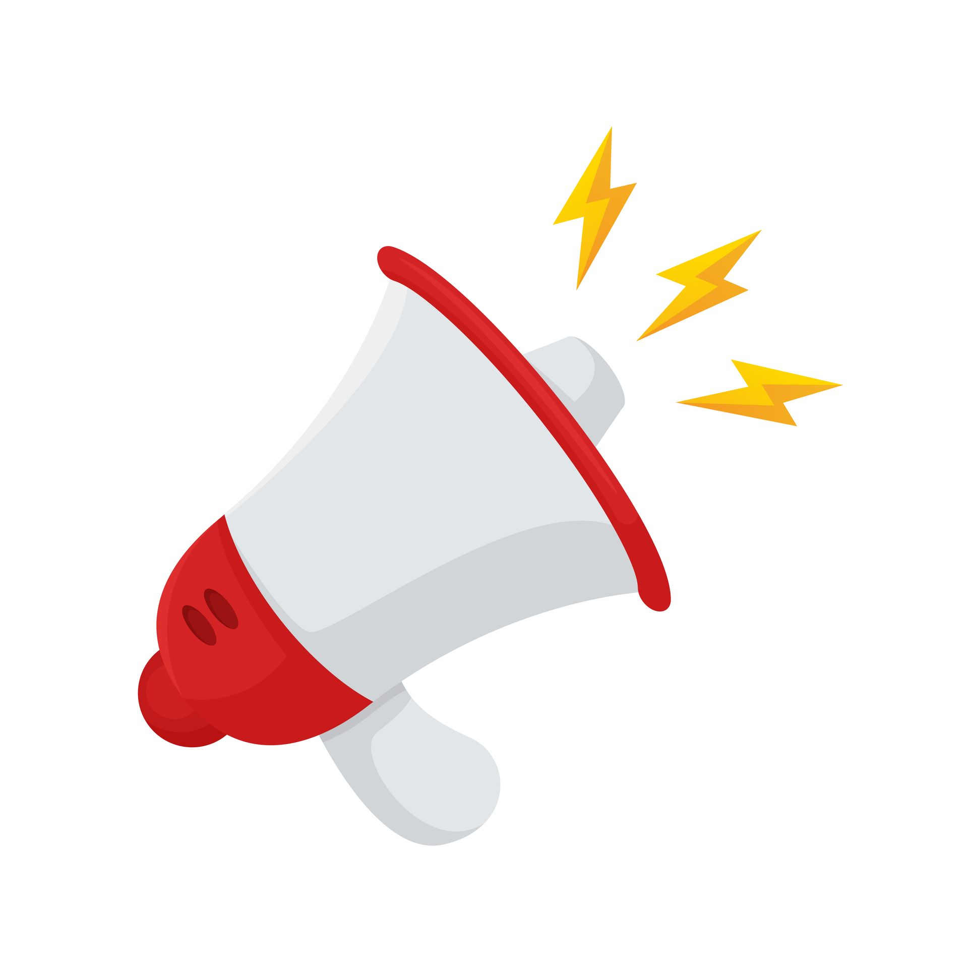 Red and white megaphone with yellow sound effects, angled to the right.