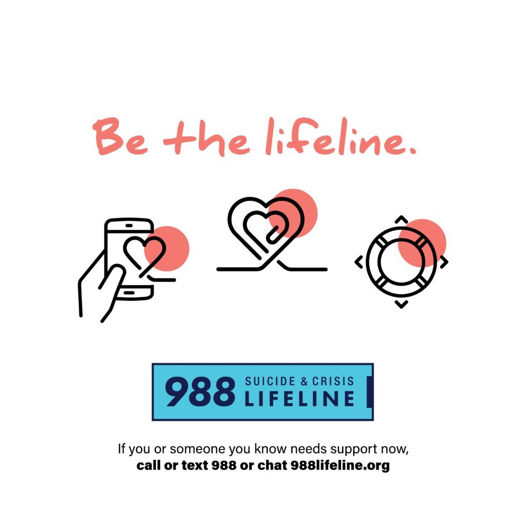 Poster for 988 Suicide & Crisis Lifeline: hand holding phone, heart icon, lifeline, with call to action.
