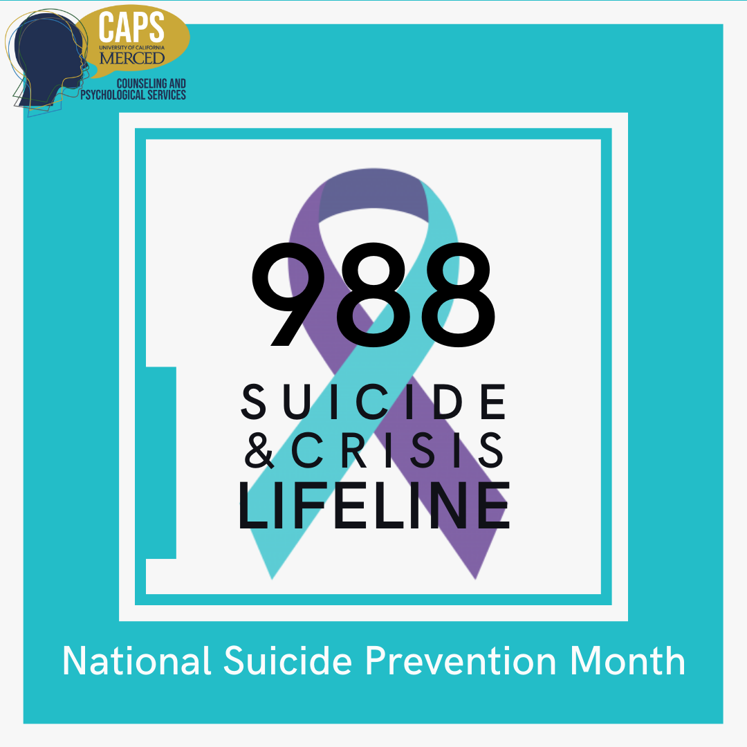 988 Suicide & Crisis Lifeline logo in blue/purple ribbon. National Suicide Prevention Month announcement.