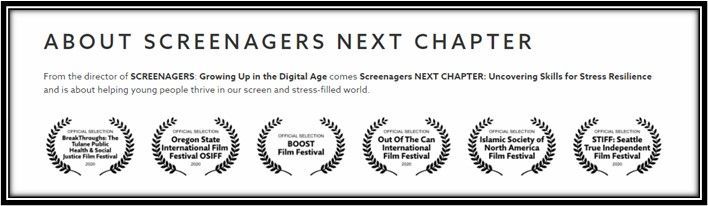 About Screenagers Next Chapter, award-winning film, showcasing skills for fitness and resilience.