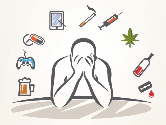 Man with head in hands surrounded by icons representing addictions: alcohol, drugs, gambling, and self harm.