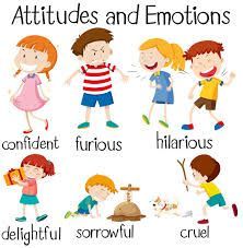 Children showing different emotions: confident, furious, hilarious, delightful, sorrowful, and cruel.