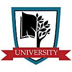 University logo: Shield with book and tree, red banner 