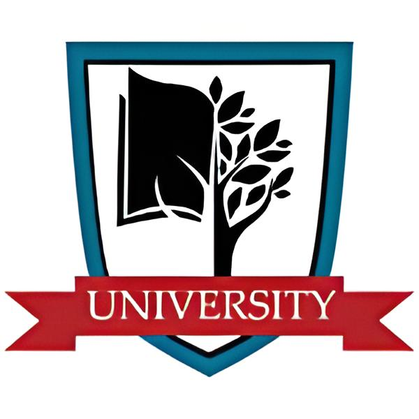 University logo: shield with book and tree graphic, red banner with 