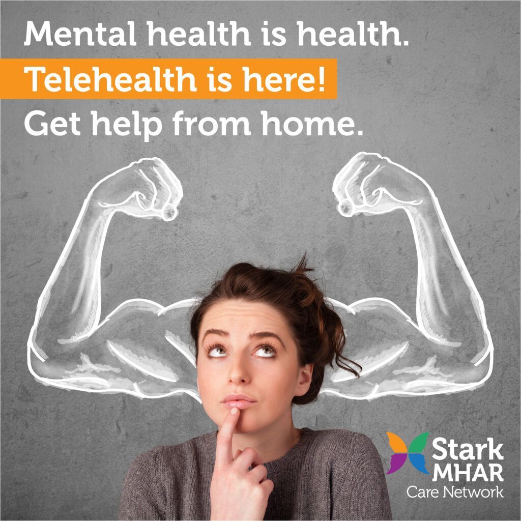 Woman looking up with thought bubble of strong arms, promoting telehealth for mental health at home.