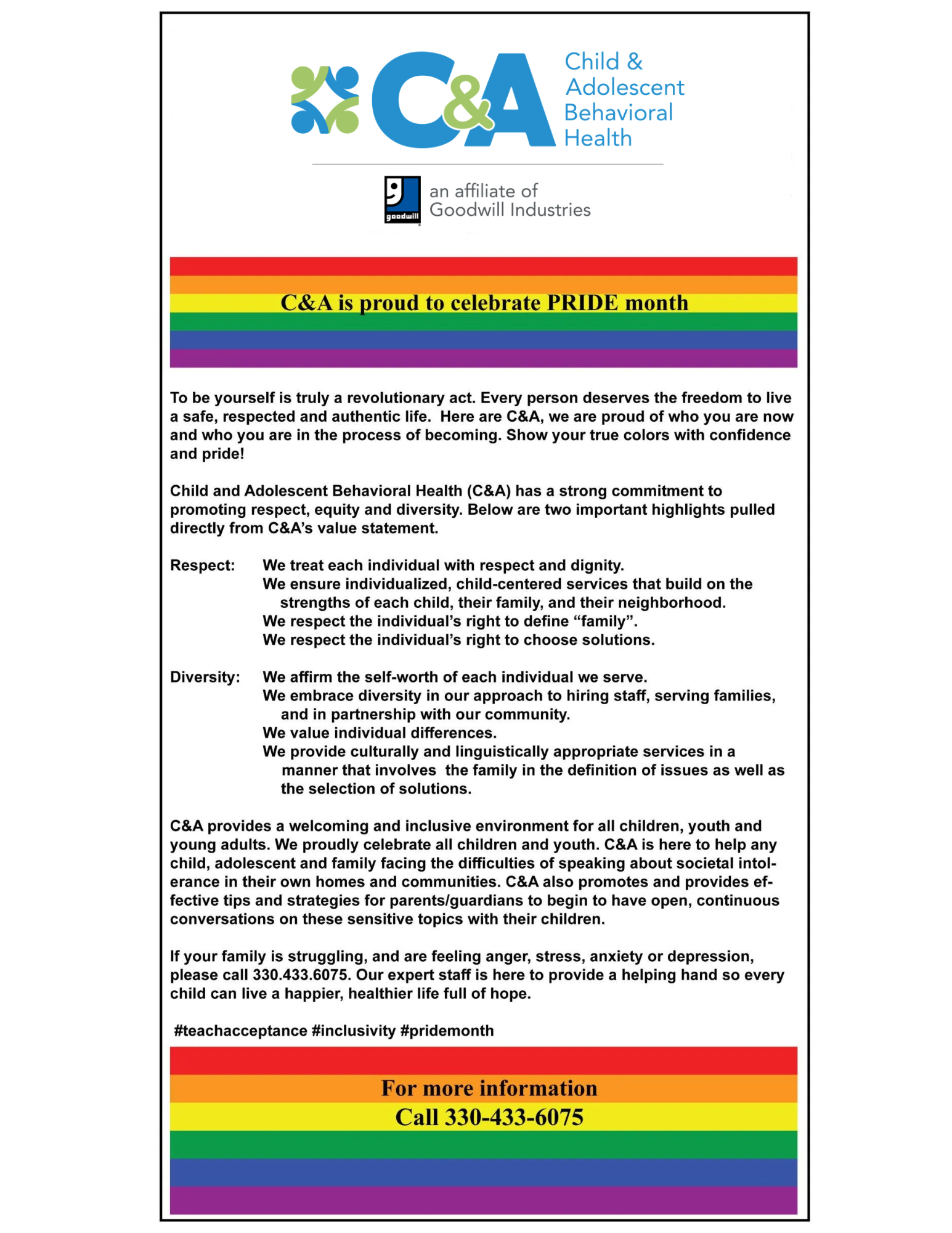 Flyer for Child & Adolescent Behavioral Health, promoting services, with rainbow accents. Includes contact info.