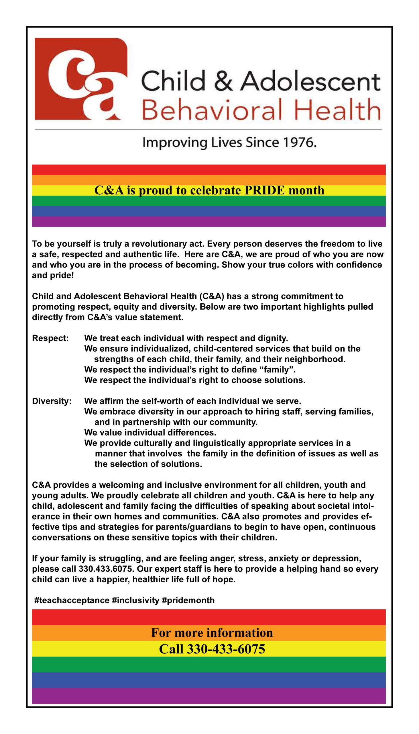 Flyer for Child & Adolescent Behavioral Health, promoting services, with rainbow accents. Includes contact info.