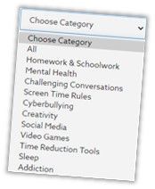 Dropdown menu with categories: Homework, Mental Health, Cyberbullying, etc.