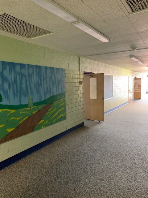 Hallway with a mural, several doors, and linoleum flooring.