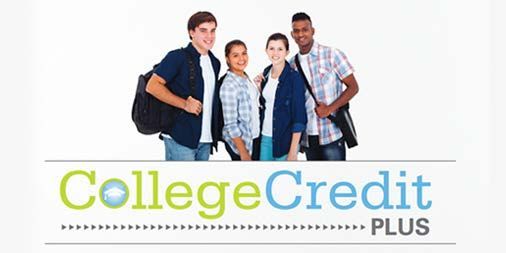 Four diverse students smiling, with backpacks. Text