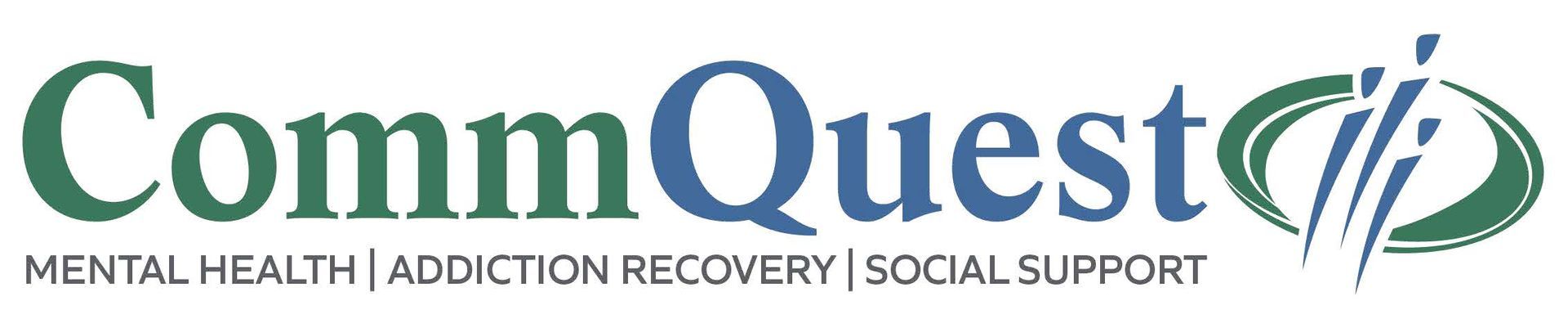 CommQuest logo: Green and blue text with abstract green design. Mental health and addiction services.
