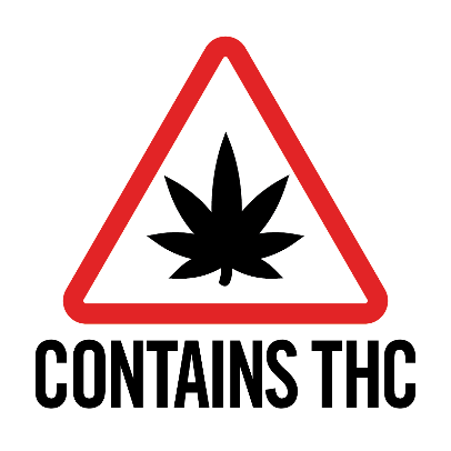 Red triangle warning sign with black cannabis leaf, text: Contains THC.
