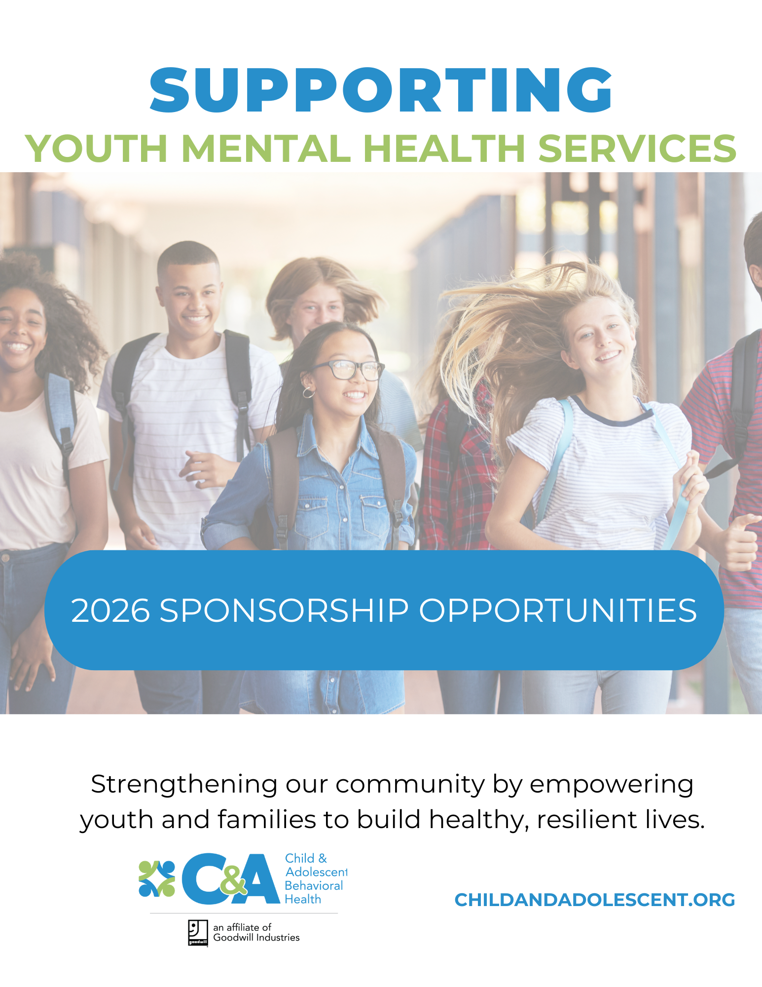 Flyer: Supporting youth mental health services. Group of smiling teens walking. Red text and logo.