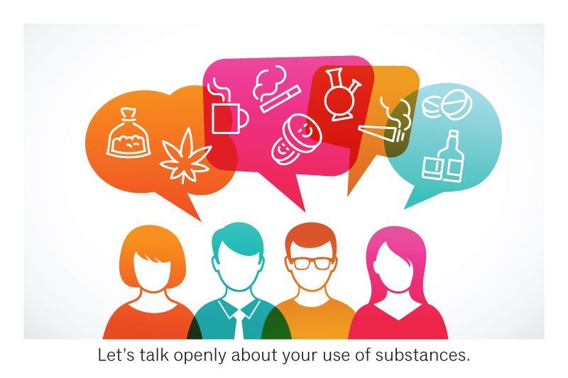 People in speech bubbles discussing substance use with icons of drugs and alcohol.