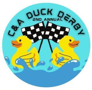 C&A Duck Derby logo: Two yellow rubber ducks in water, with checkered flags and text.