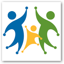 Three stylized figures in blue, green, and yellow, with arms raised, representing a family.