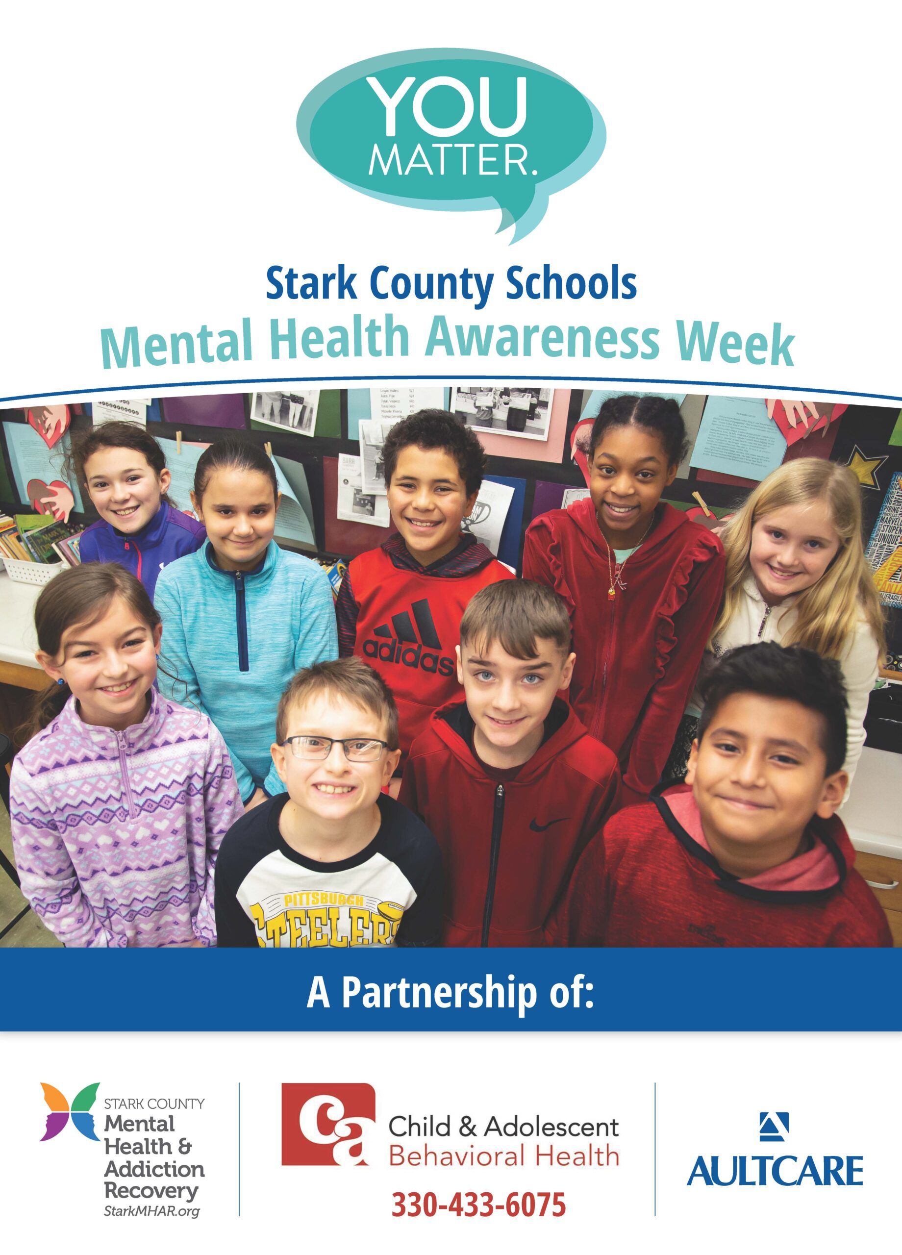 Poster for Stark County Schools' Mental Health Awareness Week, featuring diverse children, with partner logos.