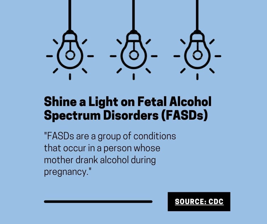 Blue graphic with three light bulbs above text about Fetal Alcohol Spectrum Disorders (FASDs).