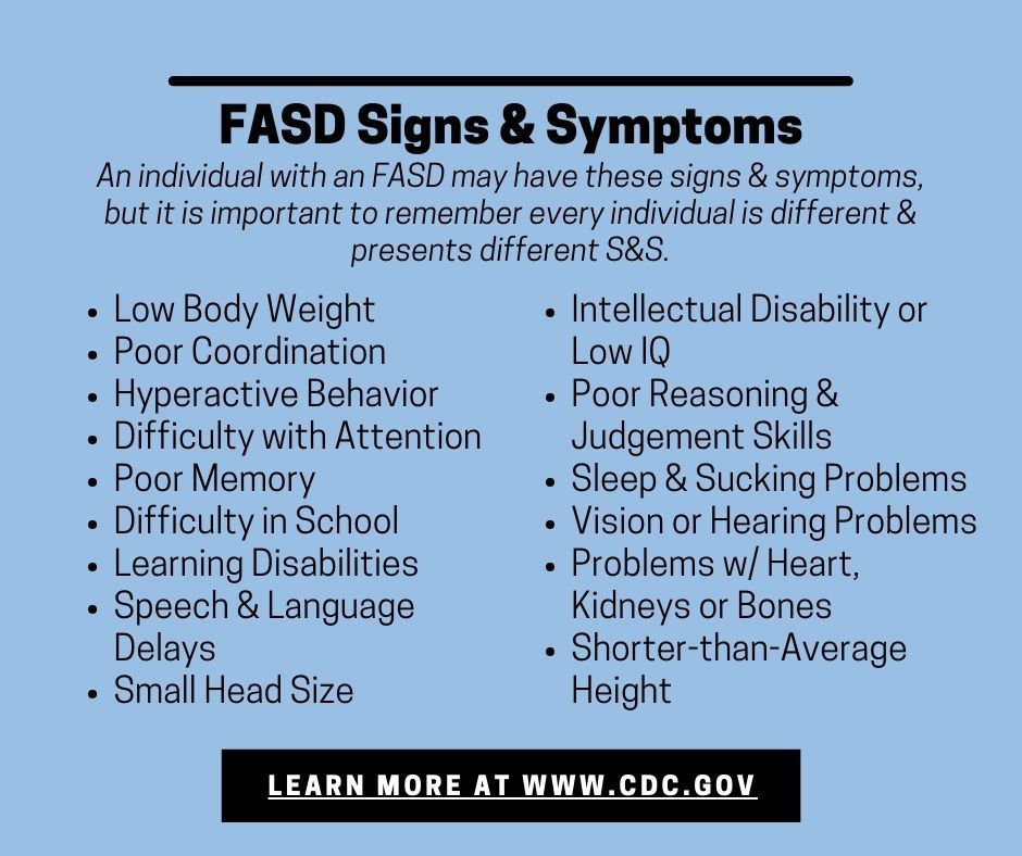 FASD signs and symptoms list: low weight, poor coordination, hyperactivity, attention difficulty, and more. Blue background.