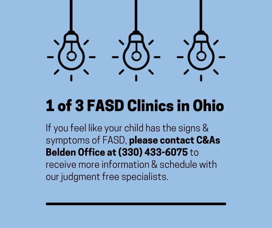 Blue flyer: Ohio FASD clinic advertisement with three light bulbs and phone number.