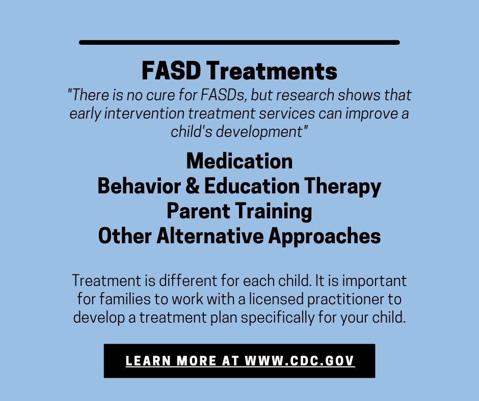 FASD treatment options listed on blue background: Medication, therapy, parent training, and alternative approaches.