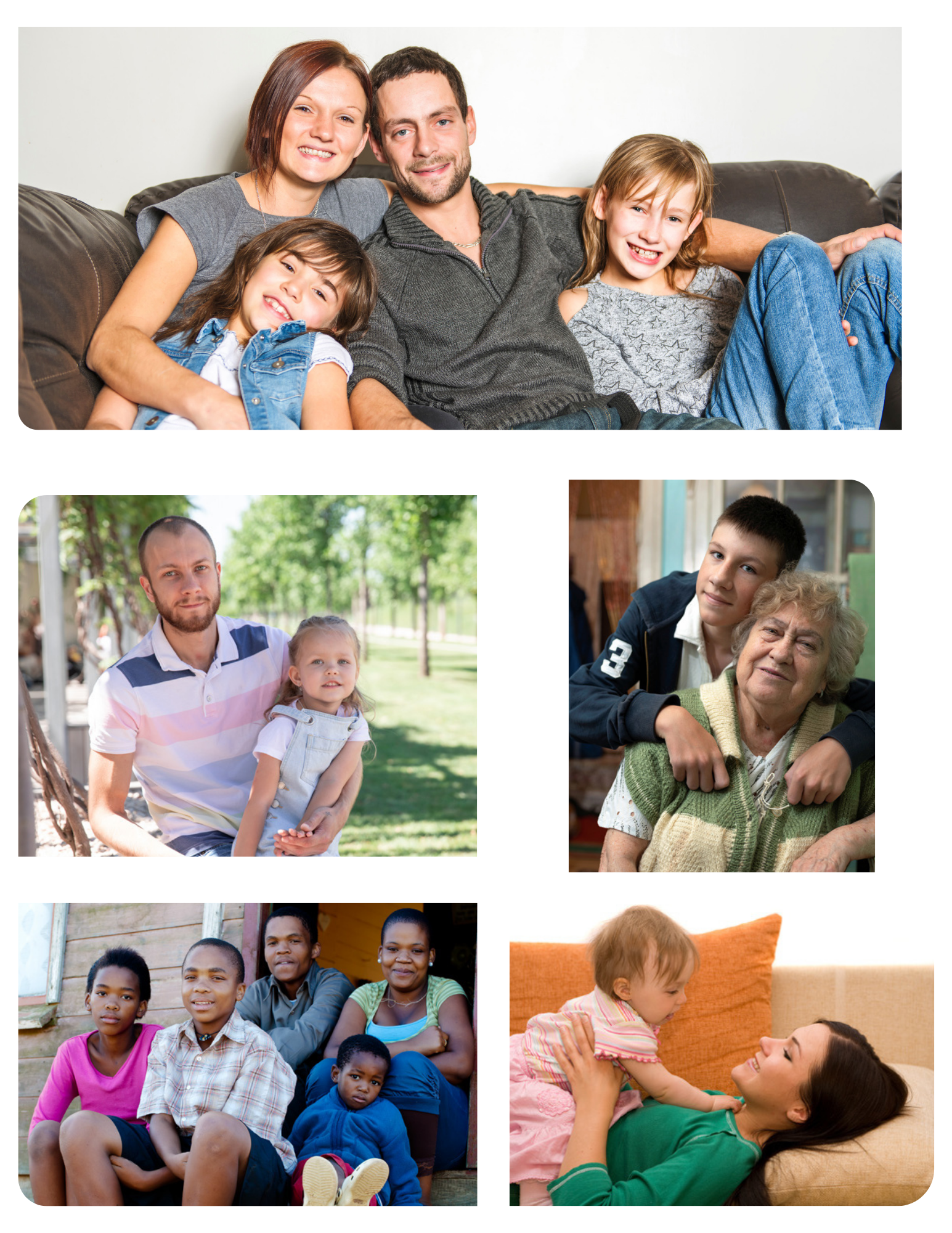 Family photos: diverse families smiling, cuddling, indoors and outdoors.