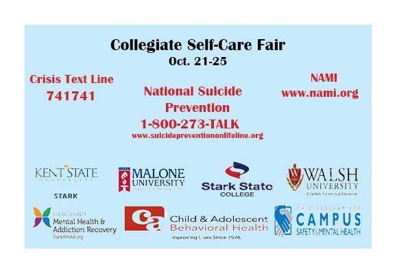 Flyer: Collegiate Self-Care Fair, Oct. 21-25, with crisis hotlines, NAMI website, and logos of participating universities and organizations.
