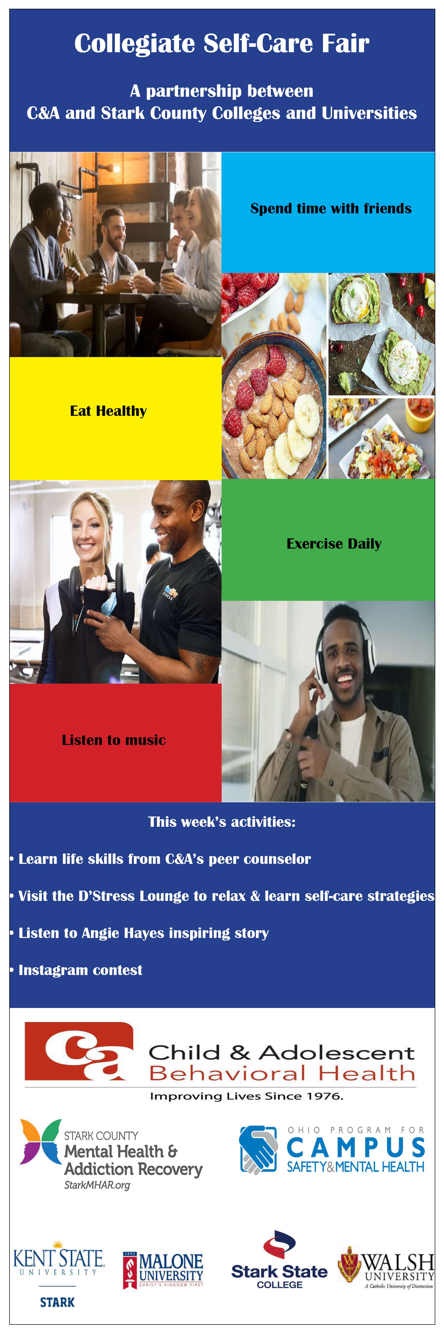 Colgate Self-Care Fair poster. People and food in colorful boxes. Blue background with event details and logos.