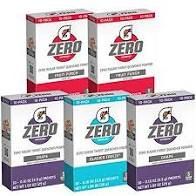Boxes of Gatorade Zero drink mix in various flavors.