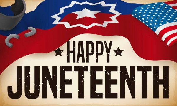 Happy Juneteenth with flag and shackles over text.