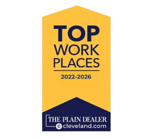 Top Work Places 2025 banner in yellow and navy blue. The Plain Dealer and cleveland.com logo.